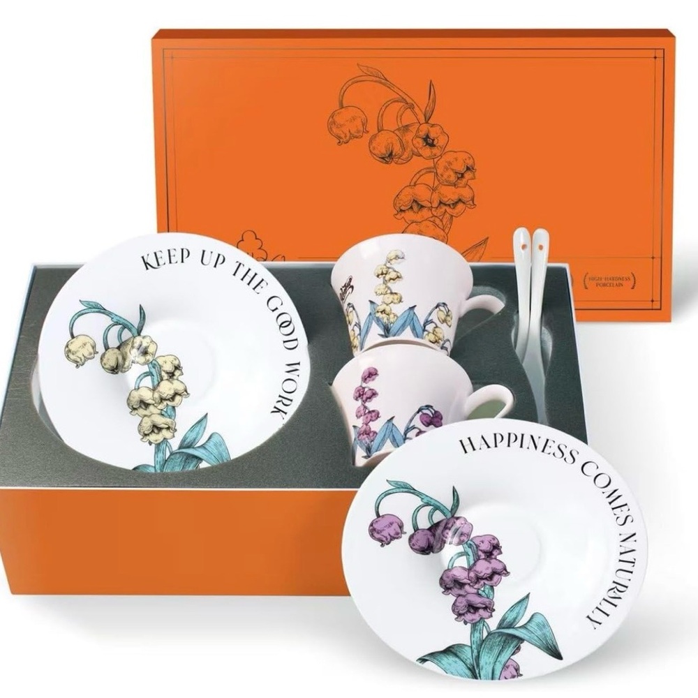 Tea Cup Set With 2 Tea Cups 2 Saucers And 2 Spoon 7 OZ Espresso Coffee Mug